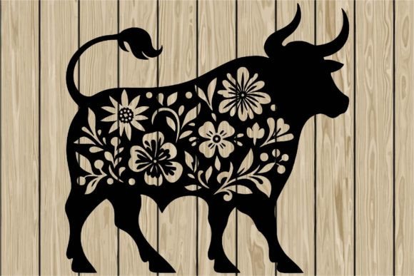 Floral Bull Stencil Silhouette SVG