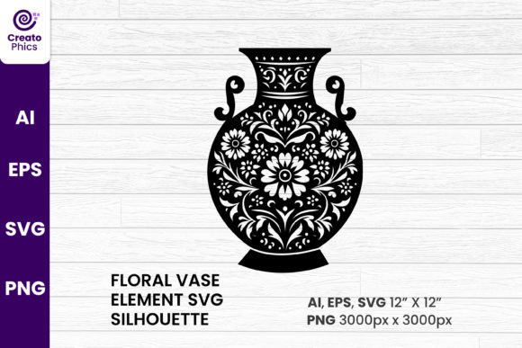 Floral Vase Element Silhouette Black SVG
