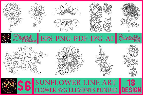 Sunflower Line Art Flower SVG Elements B