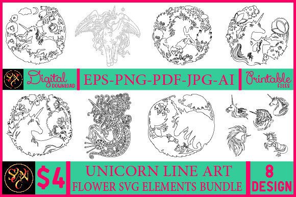Unicorn Line Art Flower SVG Elements Bun